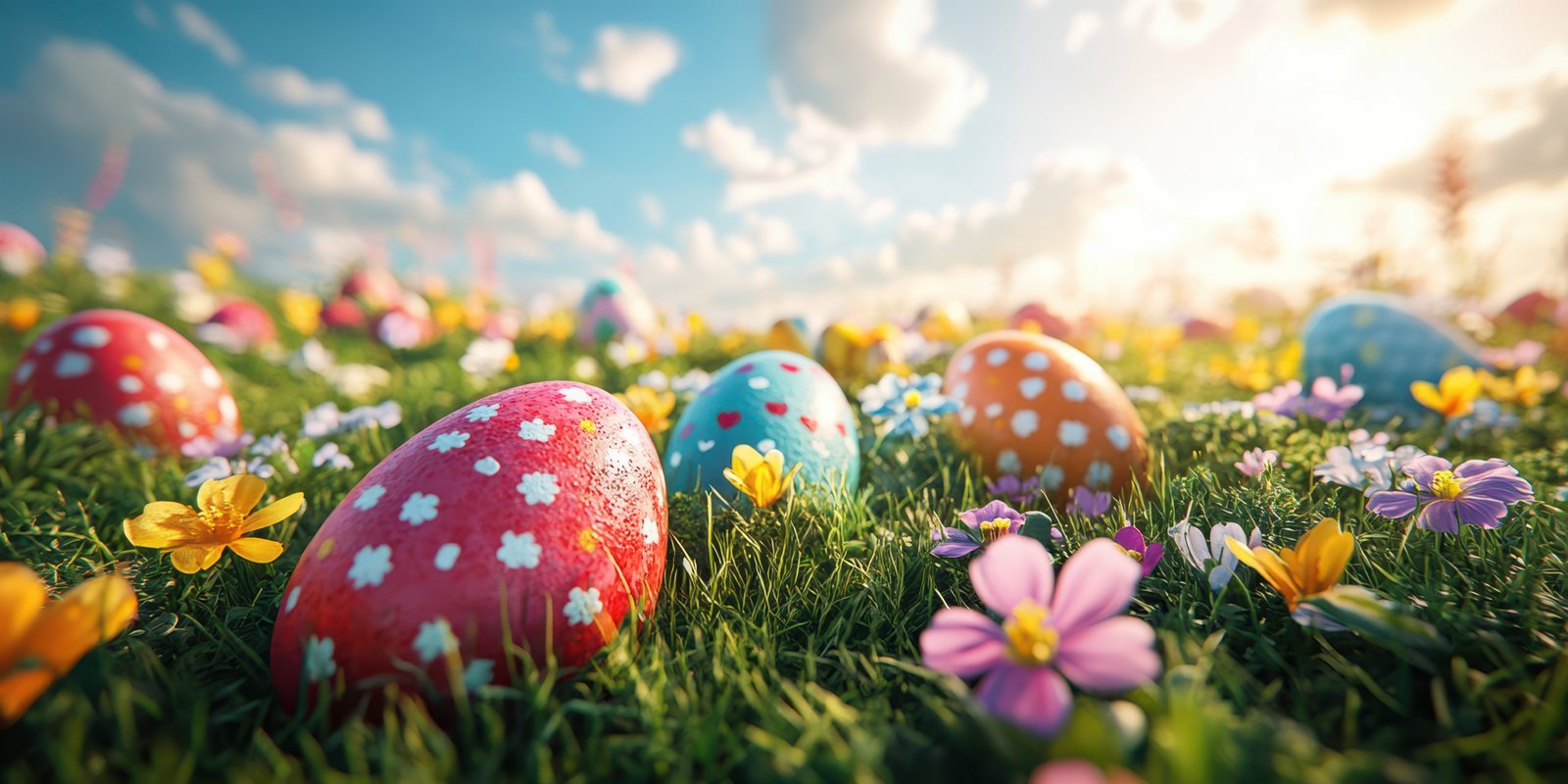 Colorful Easter eggs scattered among blooming flowers in a sunny meadow during springtime
